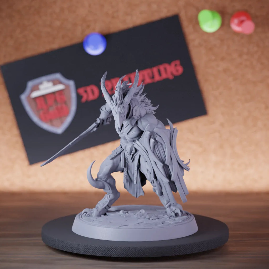 Highly detailed demon lesser infantry shield sword miniature of Skorath, perfect for DnD 5e encounters, fantasy tabletop RPG campaigns, painting and display.