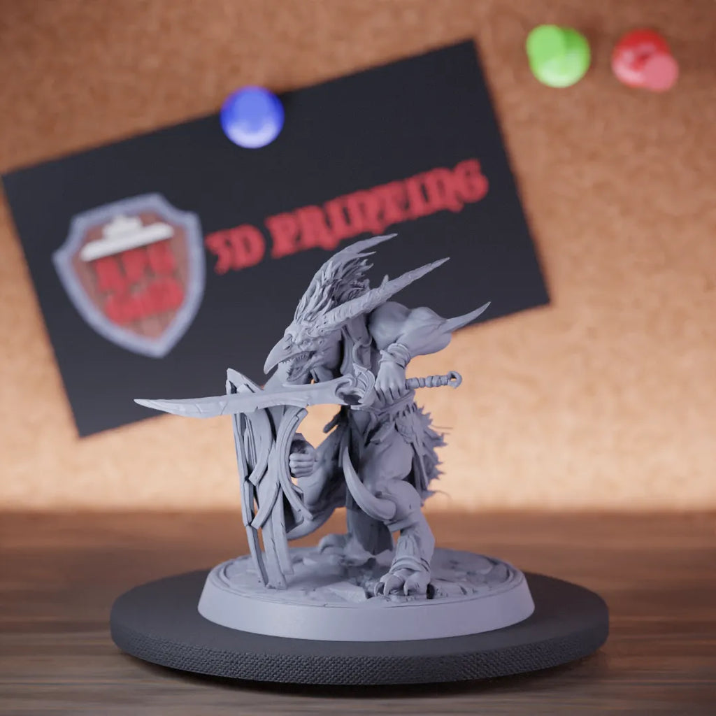Highly detailed demon infantry shield sword miniature of Skorath, perfect for DnD 5e encounters, fantasy tabletop RPG campaigns, painting and display.