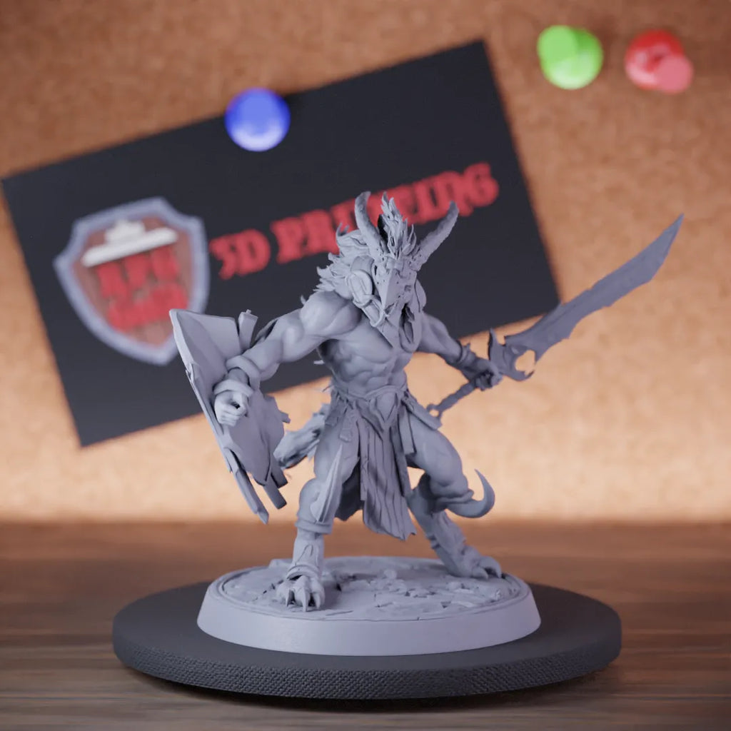 Highly detailed demon infantry taunt sword shield miniature of Skorath, perfect for DnD 5e encounters, fantasy tabletop RPG campaigns, painting and display.