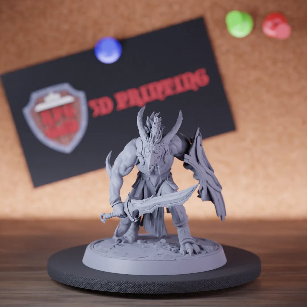 Highly detailed demon infantry horned sword shield miniature of Skorath, perfect for DnD 5e encounters, fantasy tabletop RPG campaigns, painting and display.