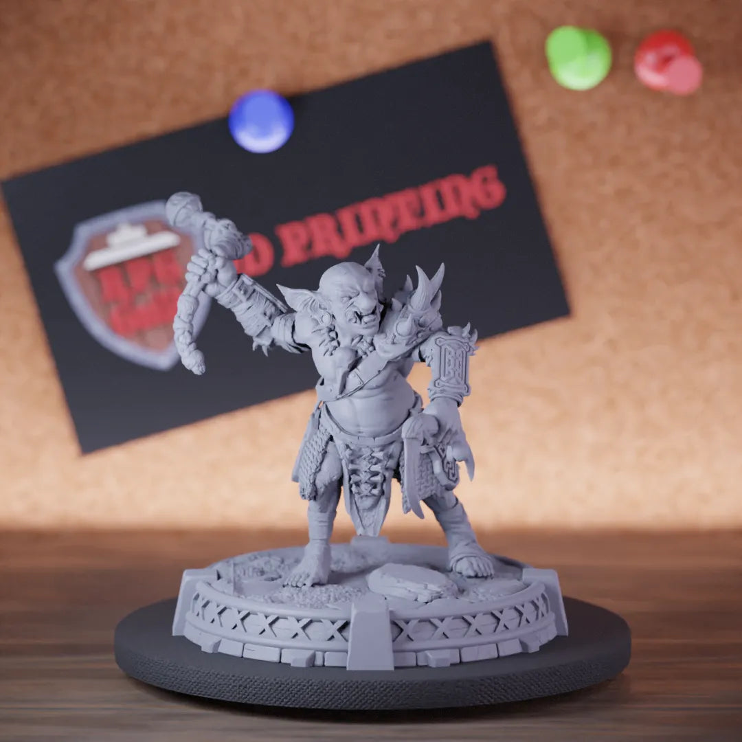 Highly detailed goblin defender warrior miniature of Snaggrik, perfect for DnD 5e encounters, fantasy tabletop RPG campaigns, painting and display.