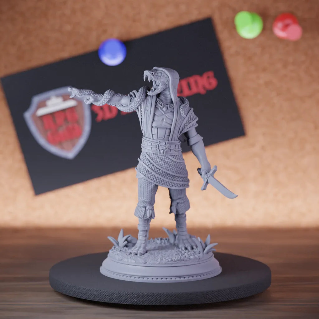 Highly detailed yuan ti cultist serpent miniature of SnakeCultistCommander, perfect for DnD 5e encounters, fantasy tabletop RPG campaigns, painting and display.