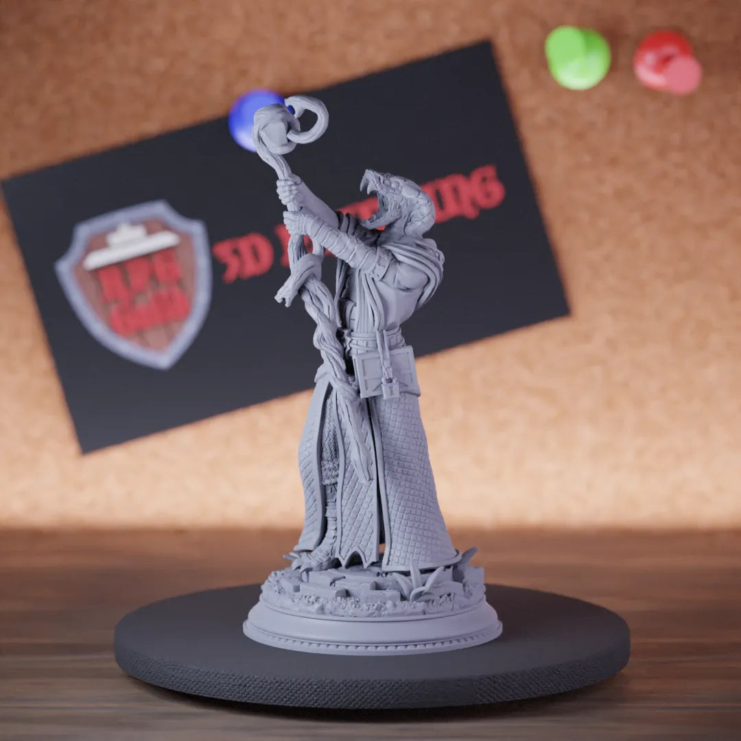 Highly detailed yuan ti cultist socerer serpent miniature of SnakeCultistSorcerer, perfect for DnD 5e encounters, fantasy tabletop RPG campaigns, painting and display.