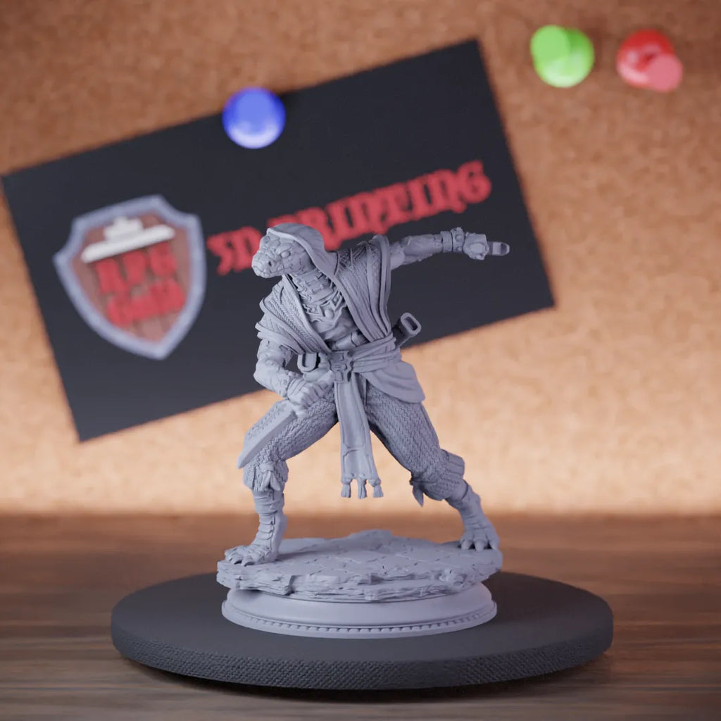 Highly detailed yuan ti cultist assasin serpent miniature of SnakeCultistWarrior, perfect for DnD 5e encounters, fantasy tabletop RPG campaigns, painting and display.