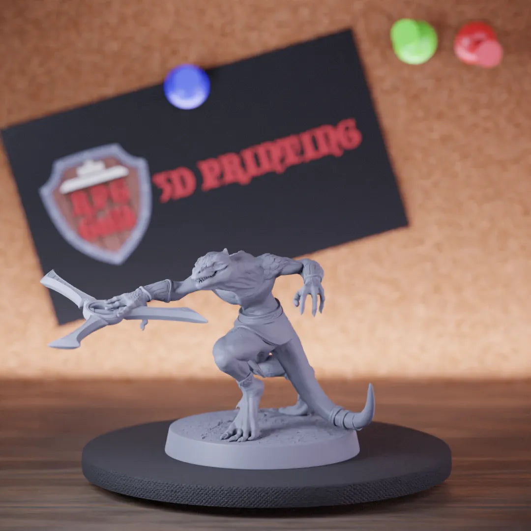 Highly detailed lizardfolk infantry boomerang throw miniature of SneakyMurkborn, perfect for DnD 5e encounters, fantasy tabletop RPG campaigns, painting and display.