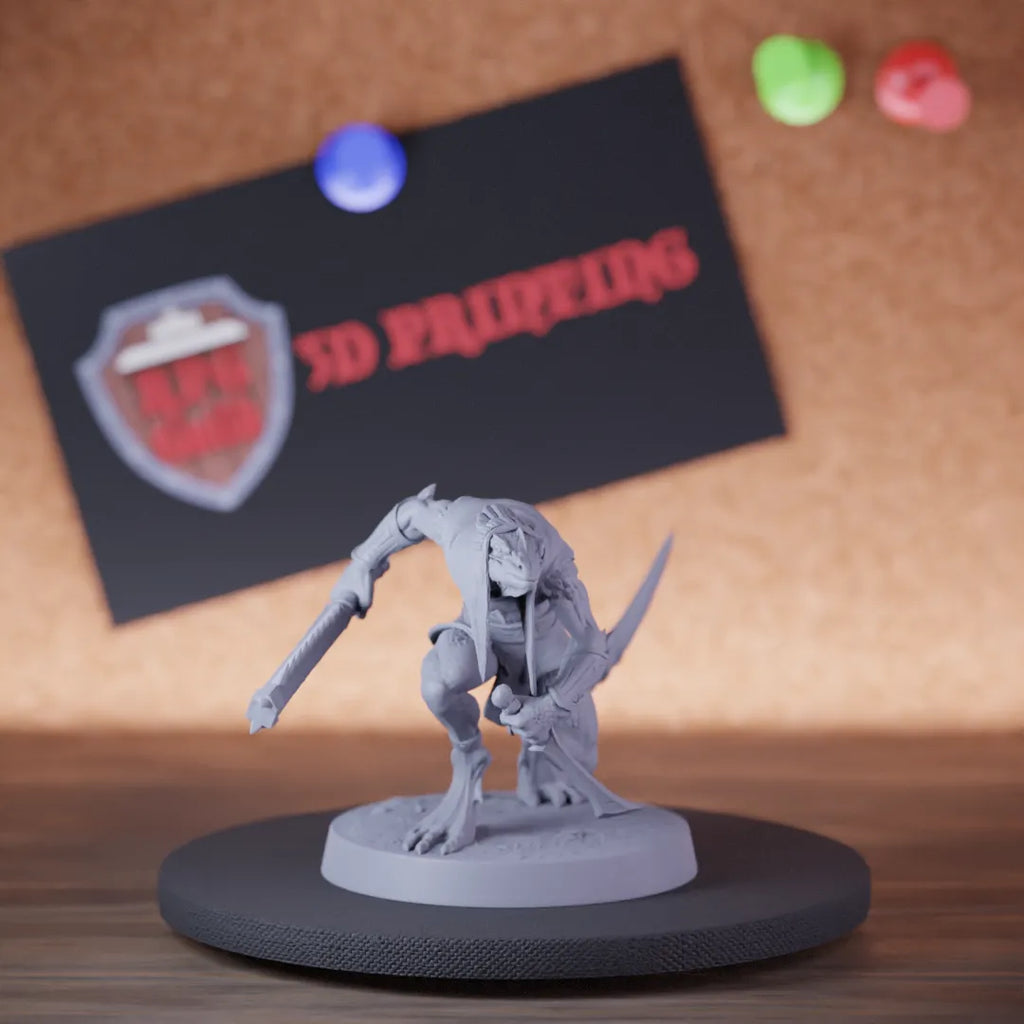 Highly detailed lizardfolk infantry sword knife miniature of SneakyMurkborn, perfect for DnD 5e encounters, fantasy tabletop RPG campaigns, painting and display.