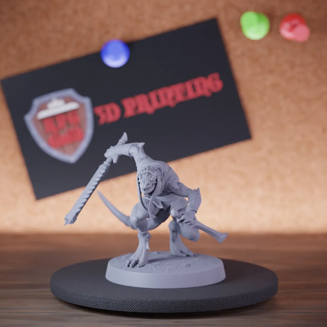 Highly detailed lizardfolk infantry sword dagger miniature of SneakyMurkborn, perfect for DnD 5e encounters, fantasy tabletop RPG campaigns, painting and display.