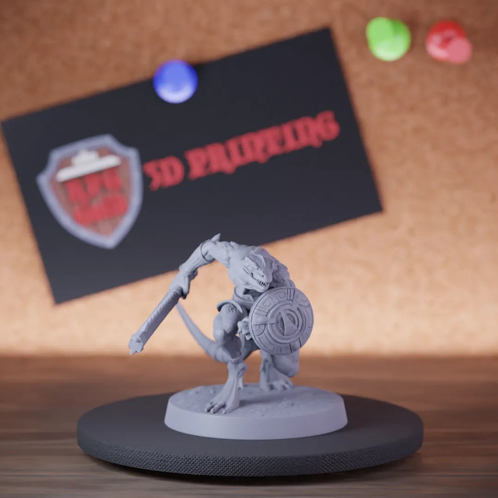 Highly detailed lizardfolk infantry shield mace miniature of SneakyMurkborn, perfect for DnD 5e encounters, fantasy tabletop RPG campaigns, painting and display.
