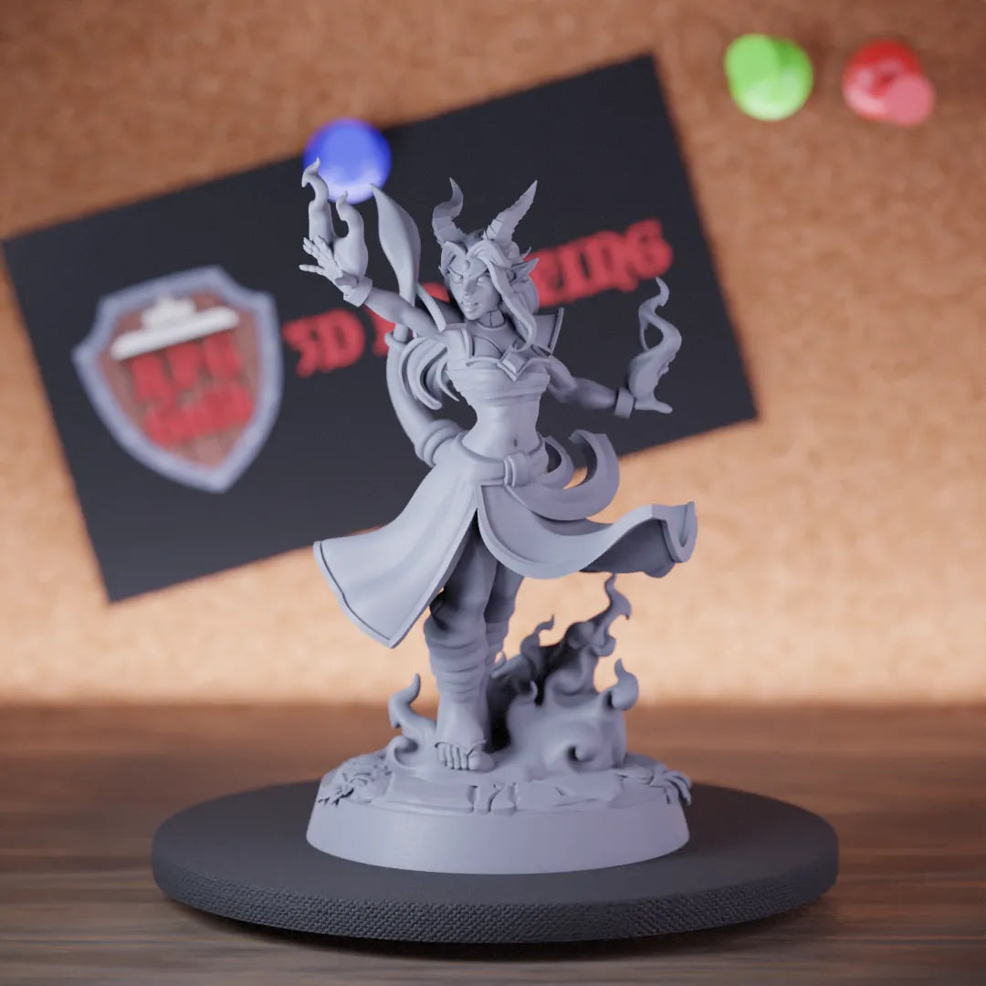 Highly detailed female sorcerer tiefling spellsinger miniature of Sorcere, perfect for DnD 5e encounters, fantasy tabletop RPG campaigns, painting and display.