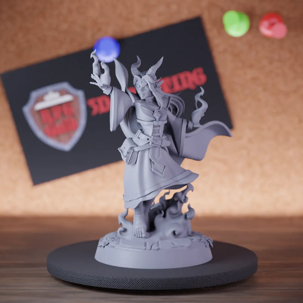Highly detailed female sorcerer tiefling wild magic miniature of Sorcerer, perfect for DnD 5e encounters, fantasy tabletop RPG campaigns, painting and display.