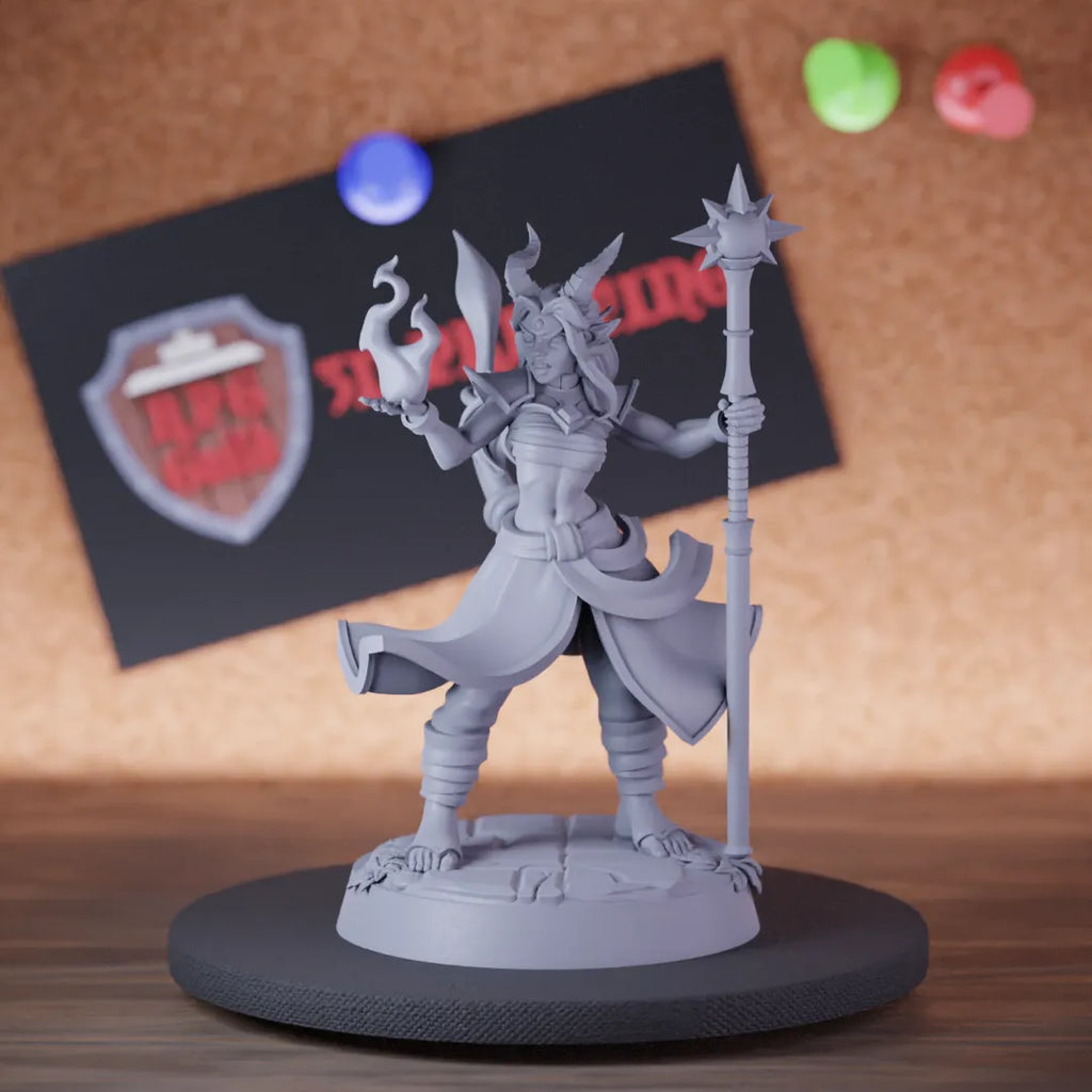 Highly detailed female wizard tiefling sorcerer warlock miniature of Sorcerer, perfect for DnD 5e encounters, fantasy tabletop RPG campaigns, painting and display.