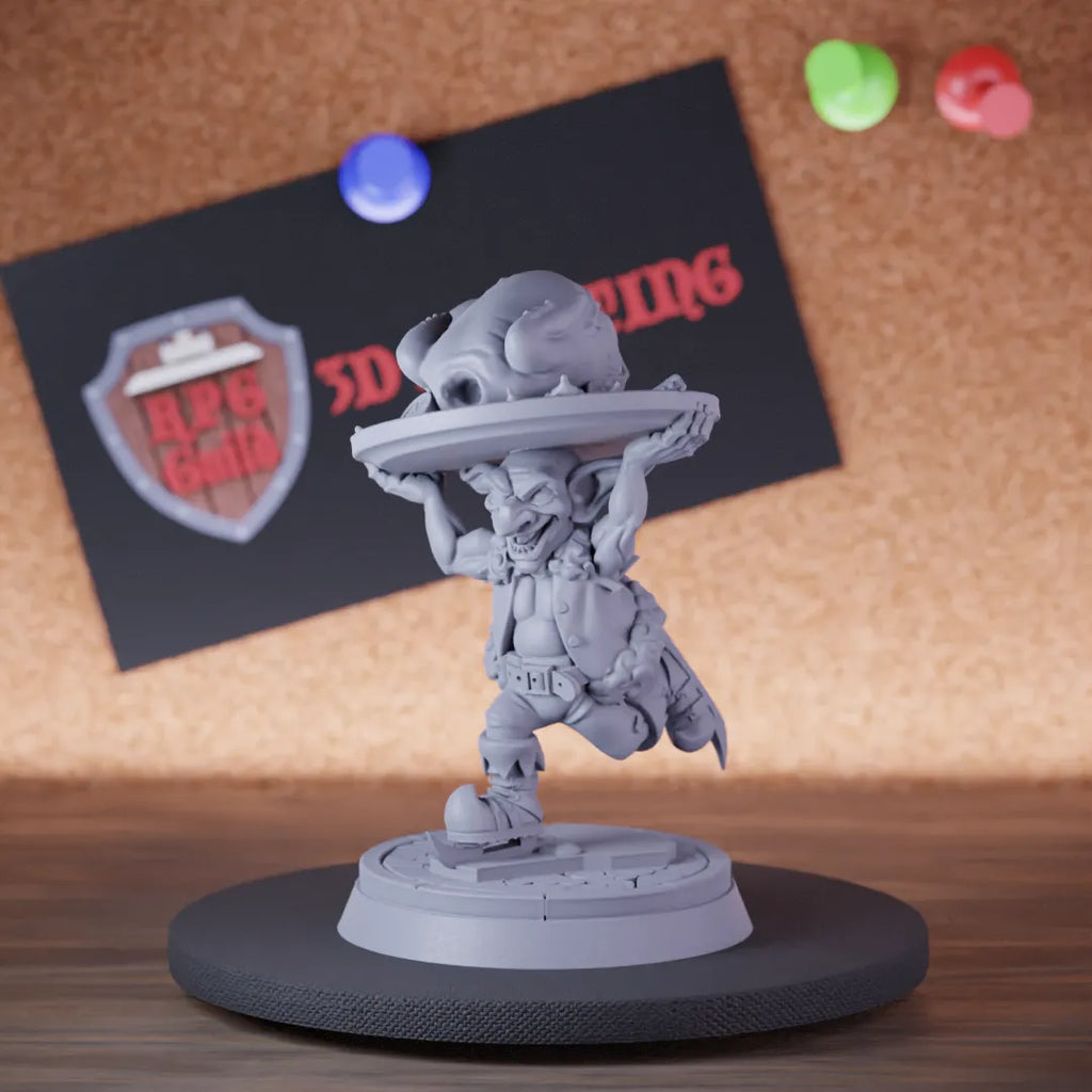 Highly detailed goblin servant turkey stealing miniature of StealingTurkey, perfect for DnD 5e encounters, fantasy tabletop RPG campaigns, painting and display.