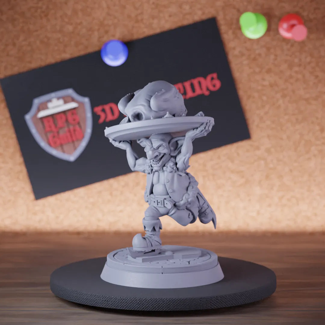 Highly detailed goblin servant turkey stealing miniature of StealingTurkey, perfect for DnD 5e encounters, fantasy tabletop RPG campaigns, painting and display.