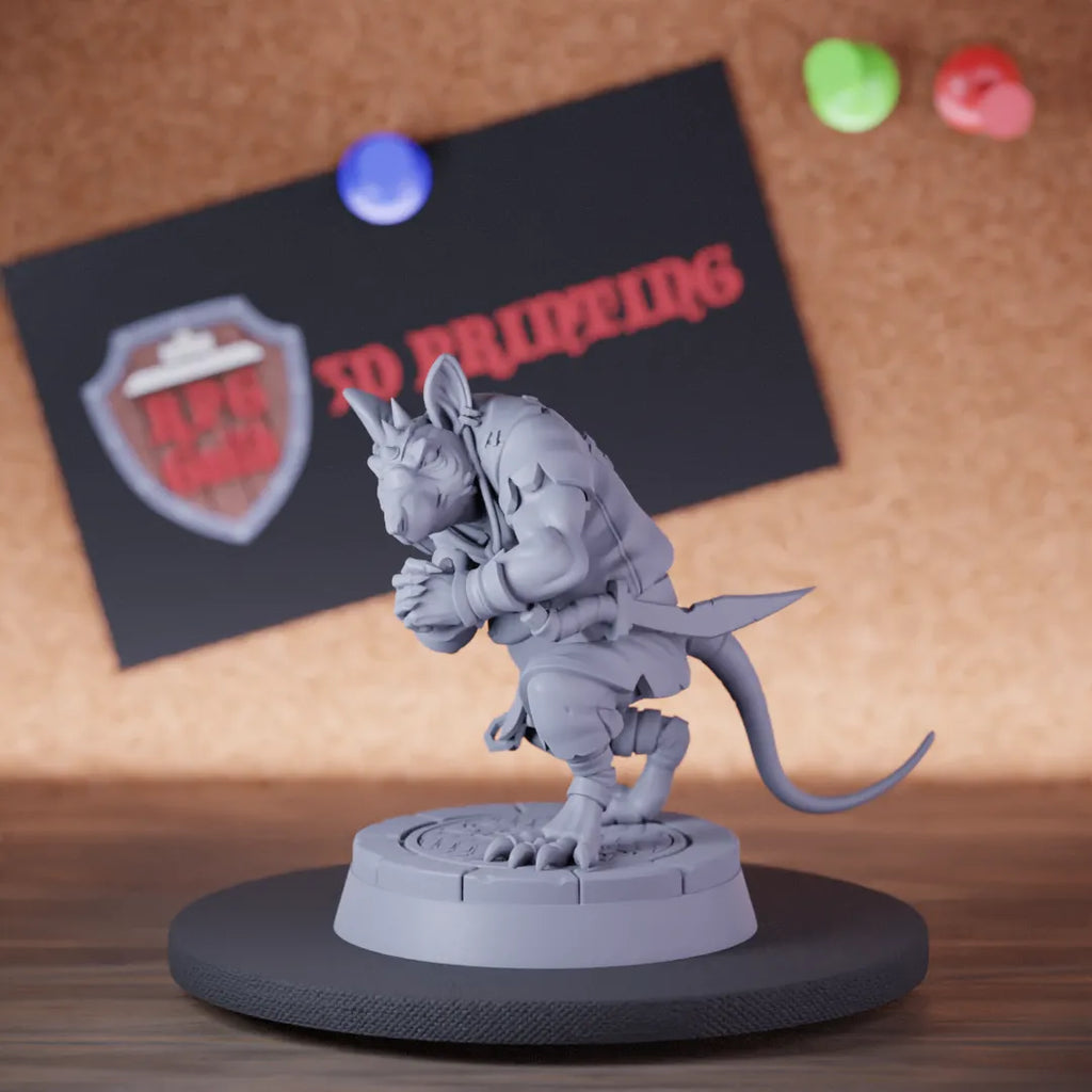 Highly detailed rogue ratmen dagger miniature of Street, perfect for DnD 5e encounters, fantasy tabletop RPG campaigns, painting and display.
