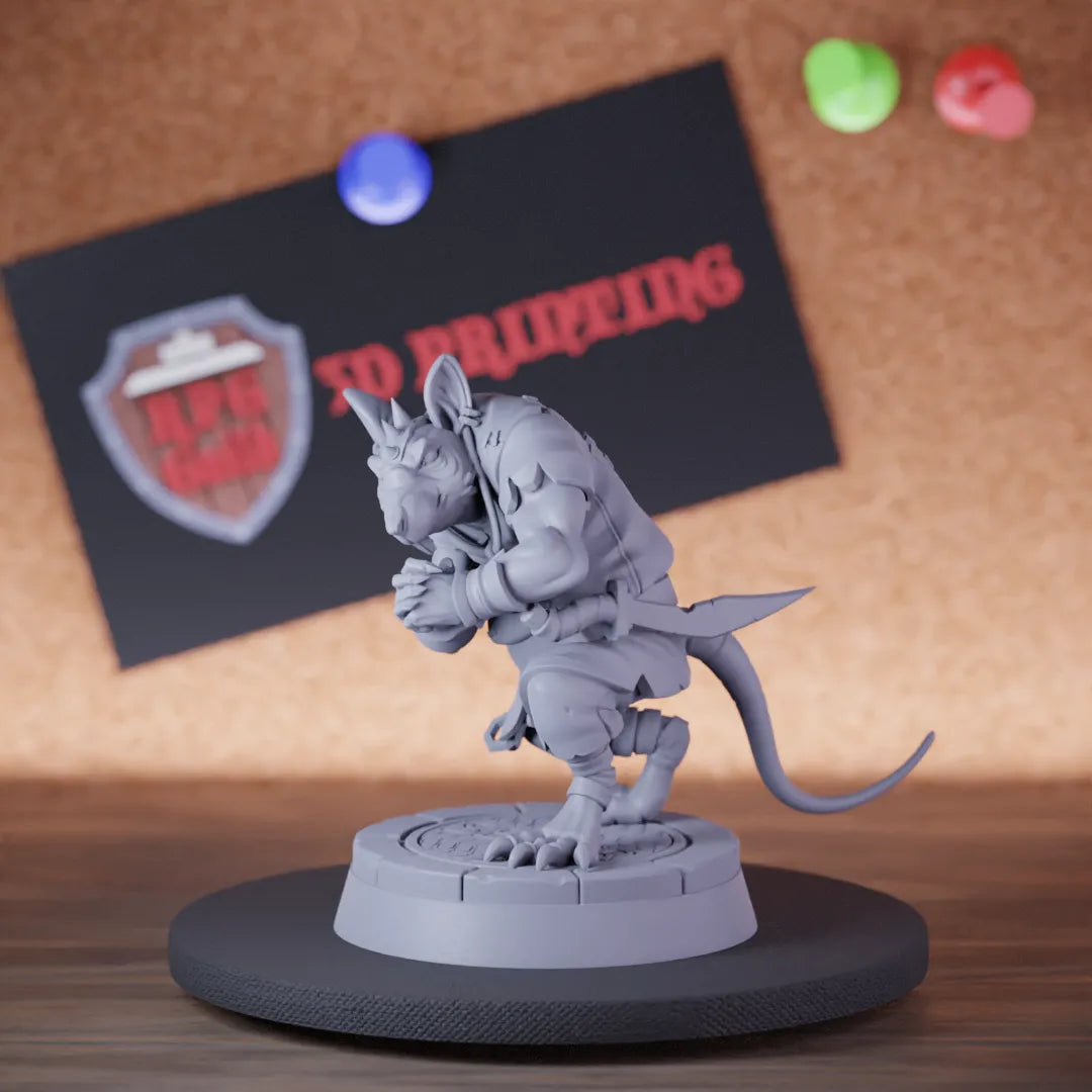 Highly detailed rogue ratmen dagger miniature of Street, perfect for DnD 5e encounters, fantasy tabletop RPG campaigns, painting and display.
