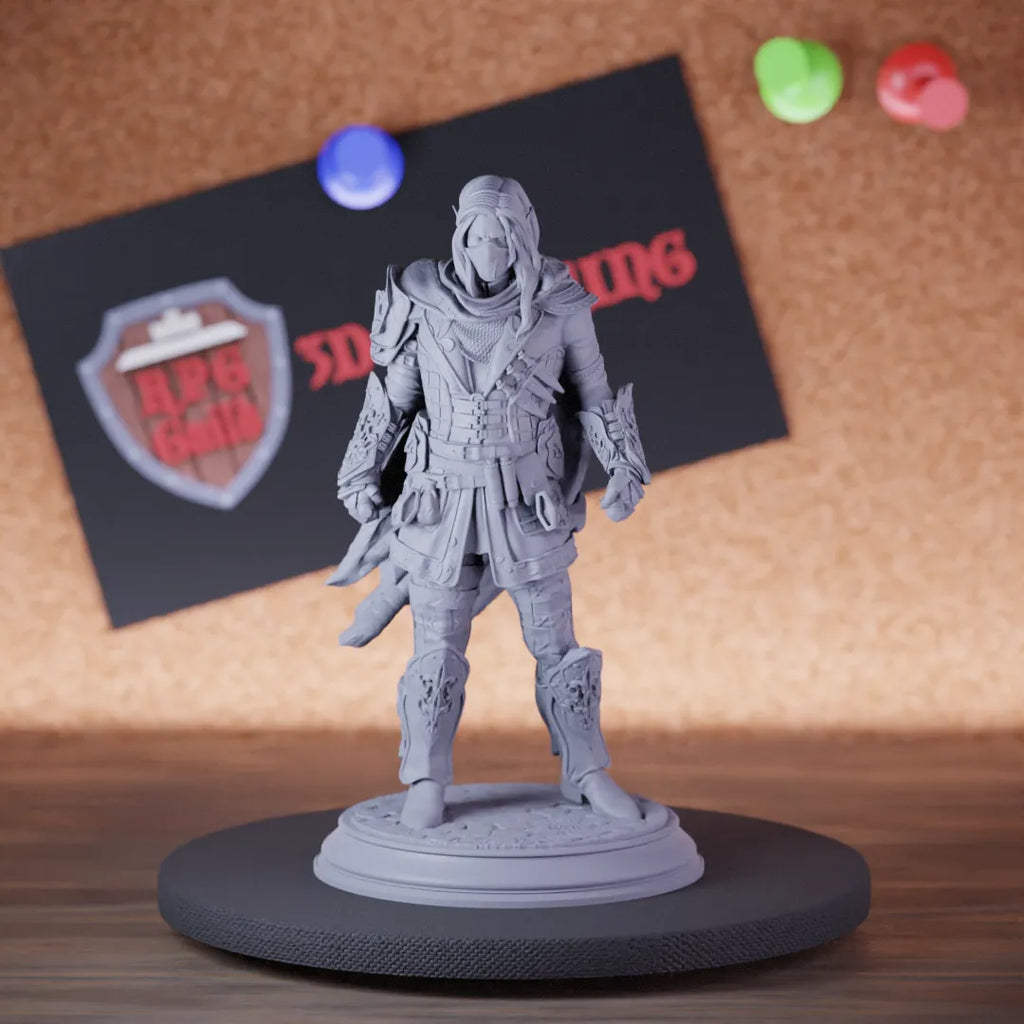 Highly detailed rogue elf soulknife assasin miniature of Sylvios, perfect for DnD 5e encounters, fantasy tabletop RPG campaigns, painting and display.