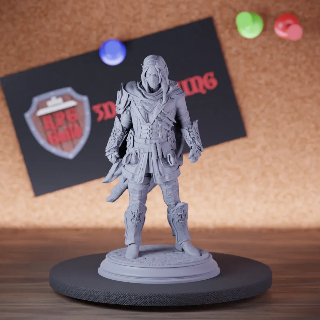 Highly detailed rogue elf soulknife assasin miniature of Sylvios, perfect for DnD 5e encounters, fantasy tabletop RPG campaigns, painting and display.