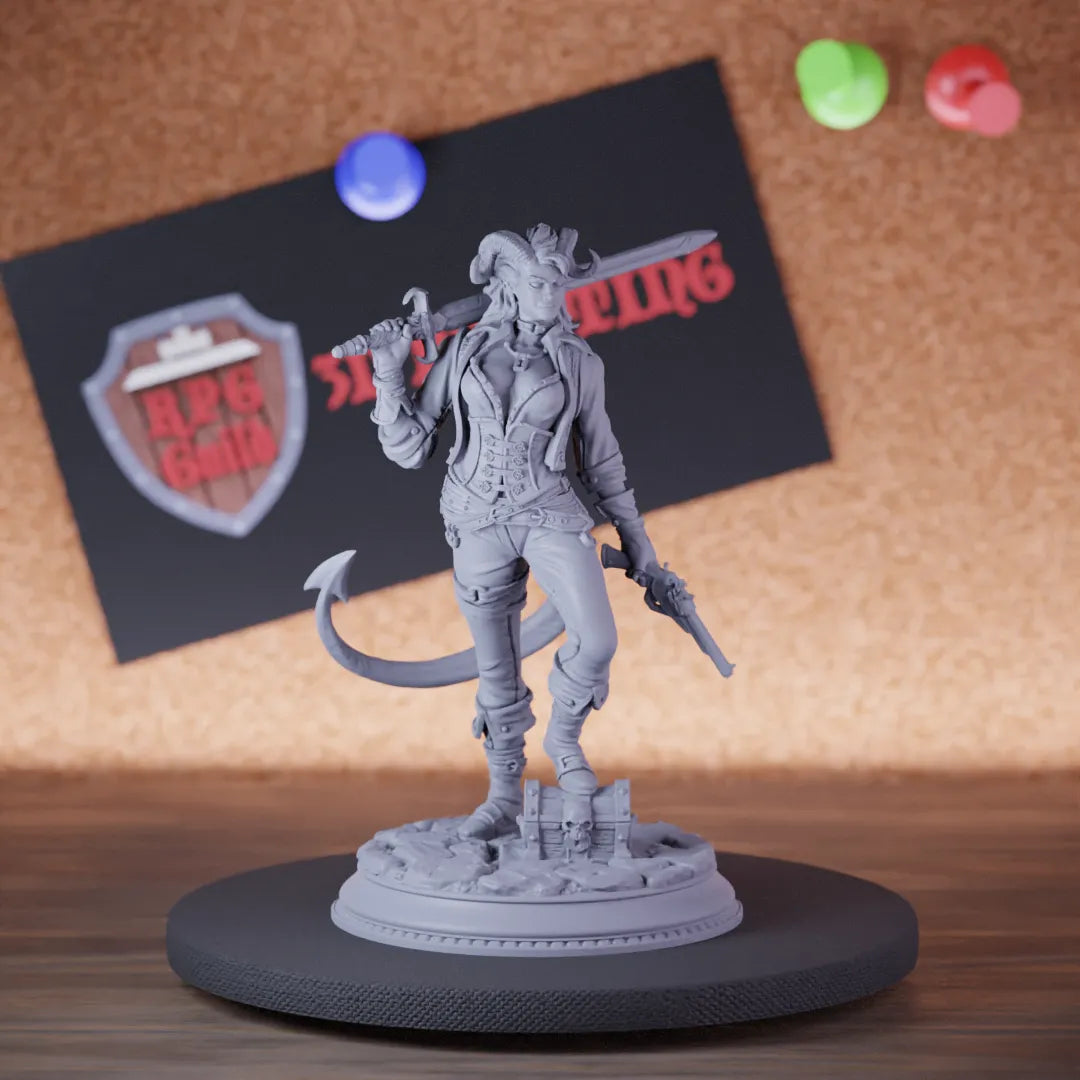 Highly detailed rogue tiefling swashbuckler sword gun miniature of Syntheia, perfect for DnD 5e encounters, fantasy tabletop RPG campaigns, painting and display.