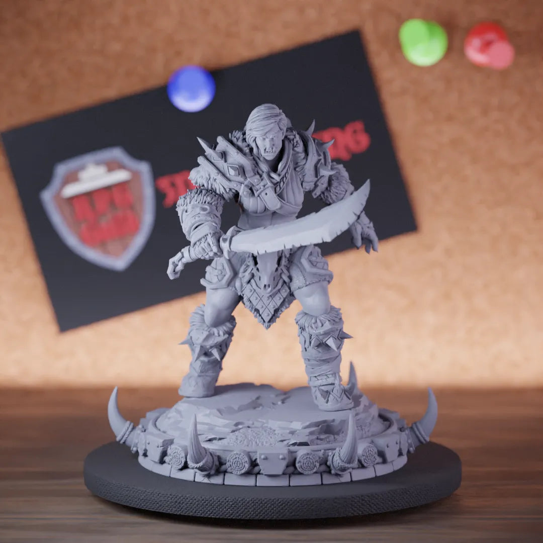 Highly detailed female fighter lesser orc warchief sword miniature of Syrka, perfect for DnD 5e encounters, fantasy tabletop RPG campaigns, painting and display.