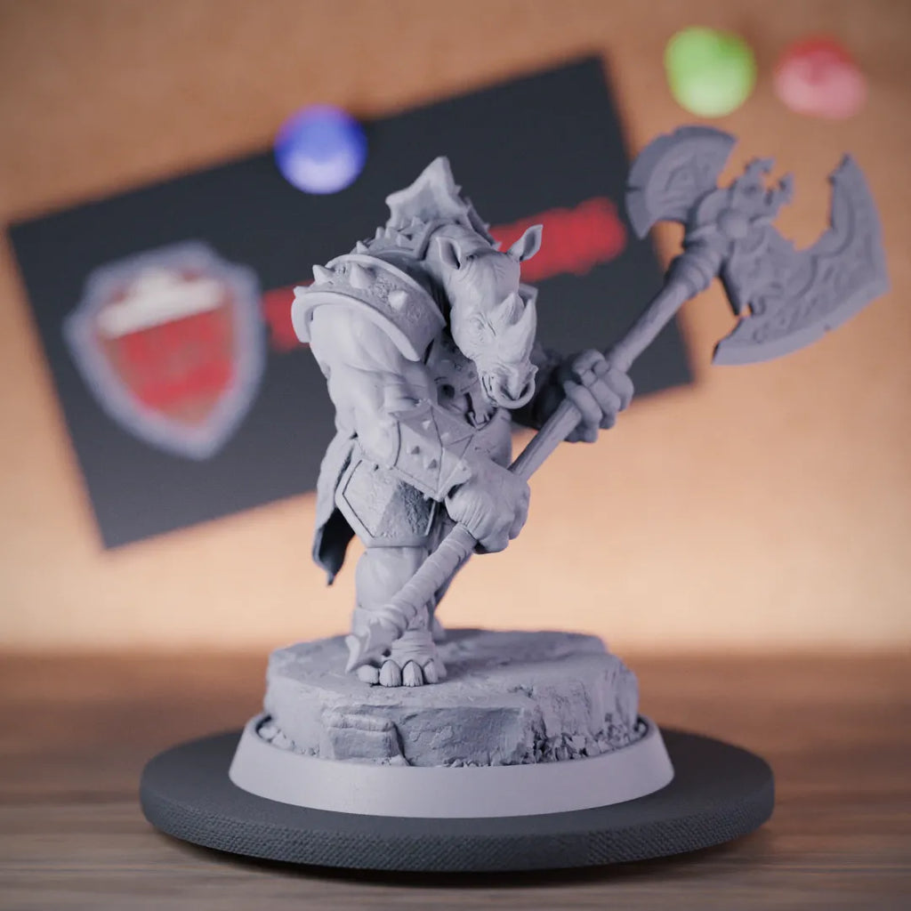 Rhinofolk 5e | DnD Rhinofolk Humanoid Axe Fighter Miniature