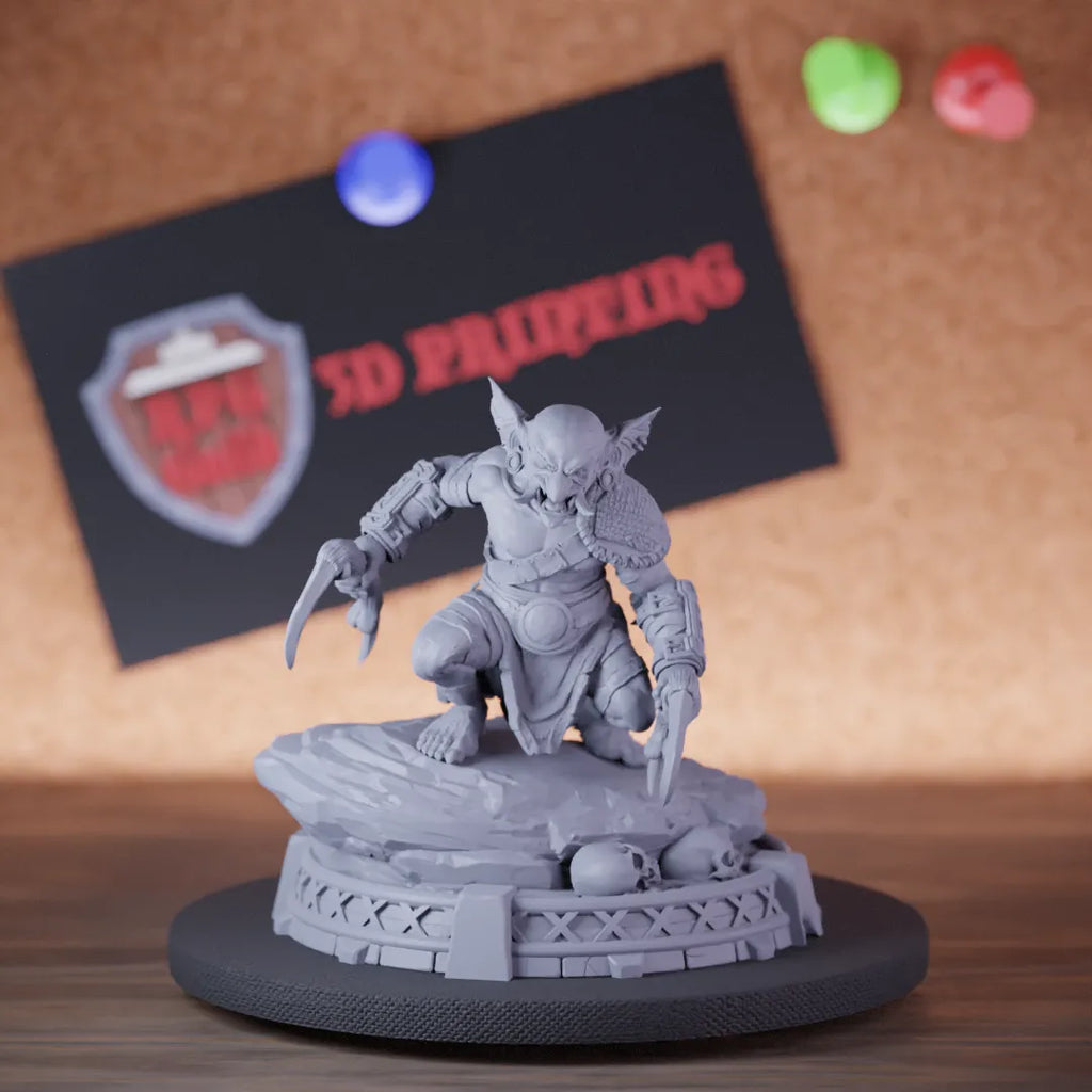 Highly detailed fighter goblin barbarian miniature of Thrizz, perfect for DnD 5e encounters, fantasy tabletop RPG campaigns, painting and display.