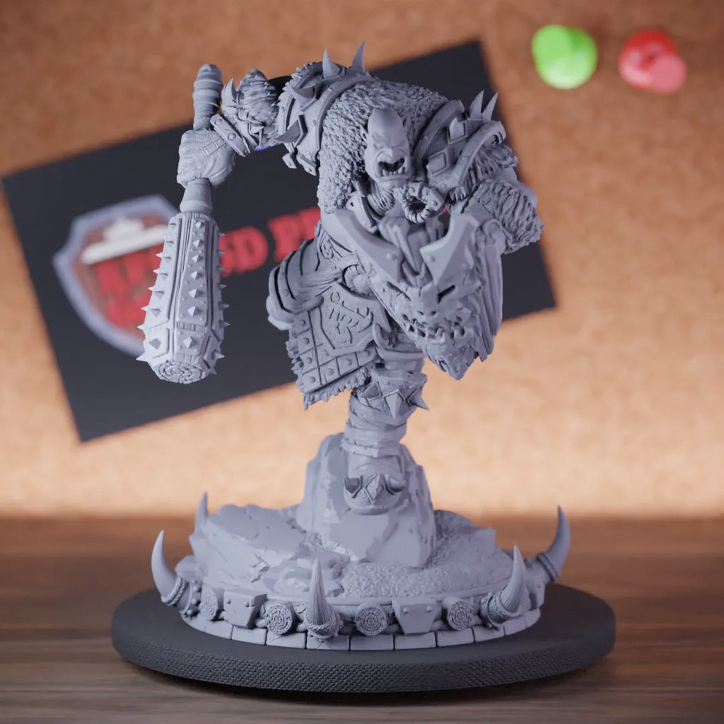 Highly detailed fighter orc club miniature of Throggar, perfect for DnD 5e encounters, fantasy tabletop RPG campaigns, painting and display.