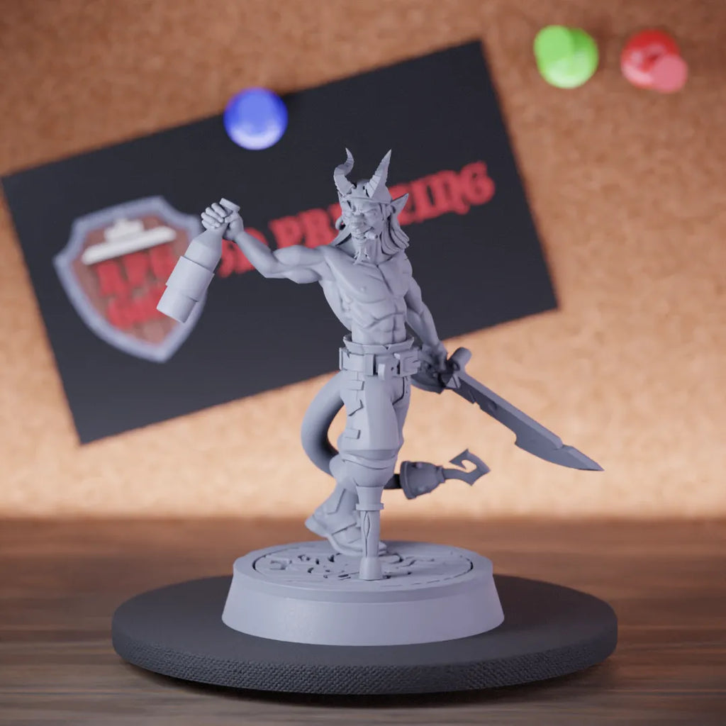 Highly detailed pirate tiefling captain legendary miniature of Tiefling, perfect for DnD 5e encounters, fantasy tabletop RPG campaigns, painting and display.