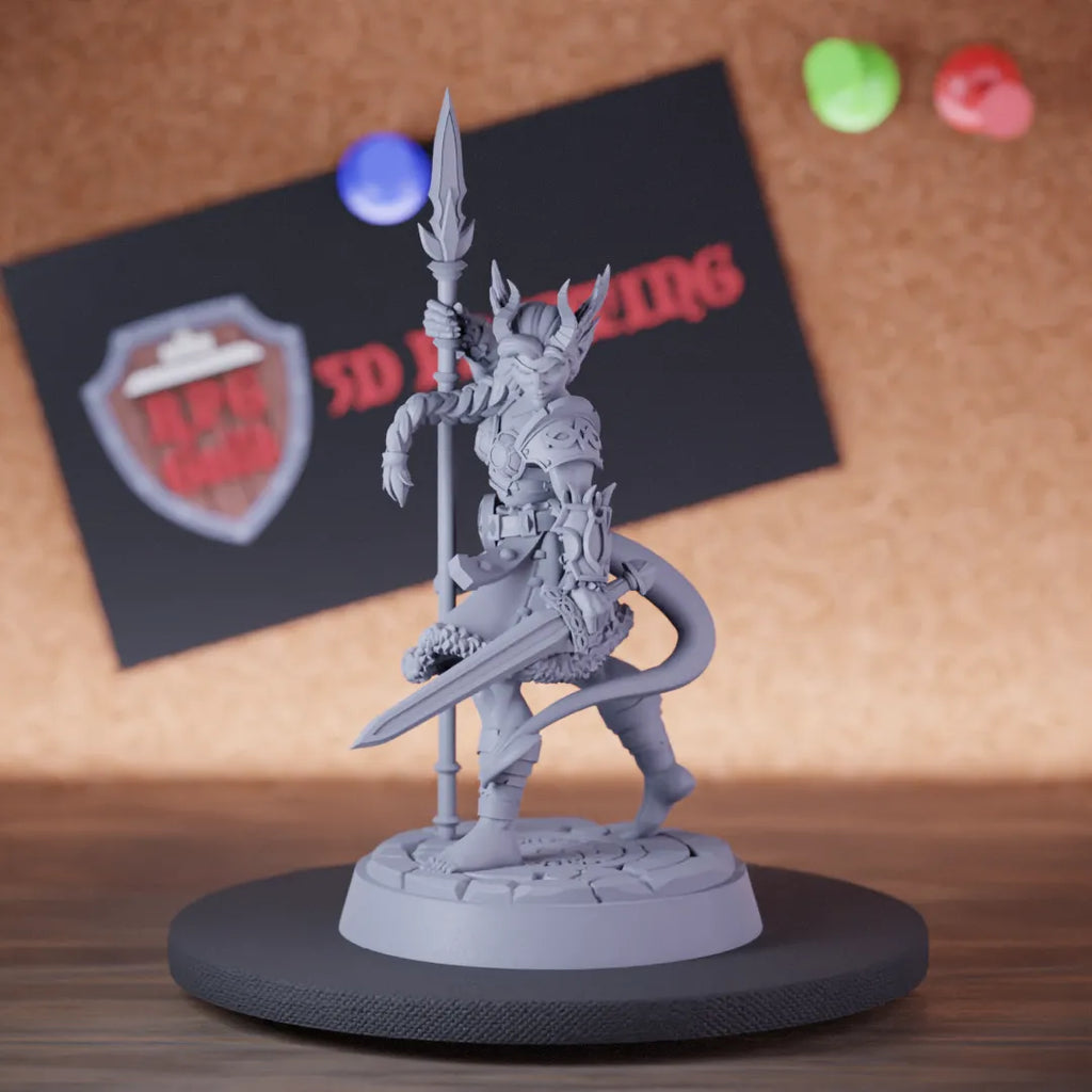 Highly detailed female tiefling warrior valkyrie miniature of Tiefling, perfect for DnD 5e encounters, fantasy tabletop RPG campaigns, painting and display.
