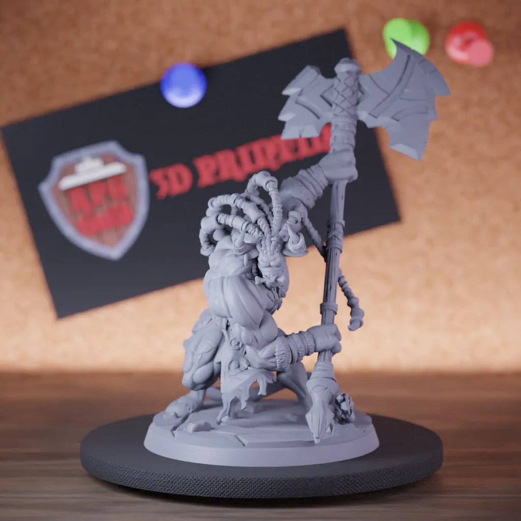 Highly detailed barbarian minotaur axefighter miniature of TokalaFarcutter, perfect for DnD 5e encounters, fantasy tabletop RPG campaigns, painting and display.