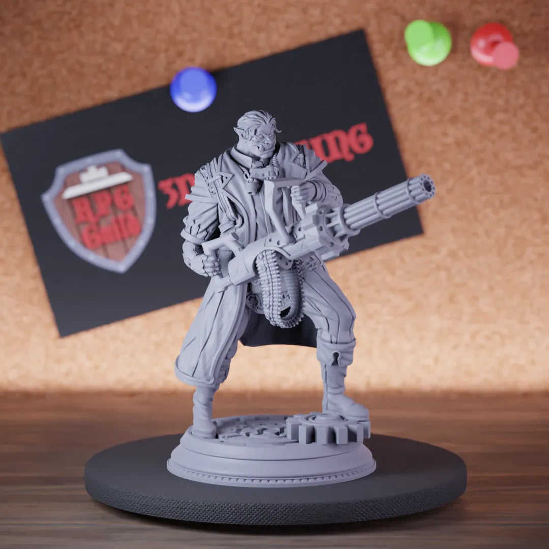Highly detailed artificer orc half gatling gun miniature of Tomas, perfect for DnD 5e encounters, fantasy tabletop RPG campaigns, painting and display.