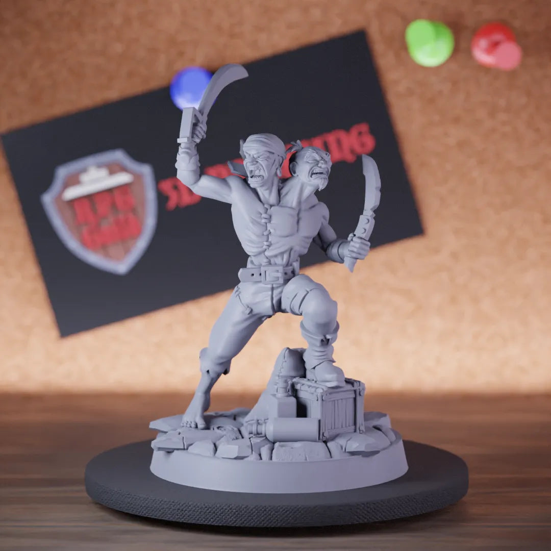 Highly detailed pirate captain two headed legendary miniature of Two, perfect for DnD 5e encounters, fantasy tabletop RPG campaigns, painting and display.