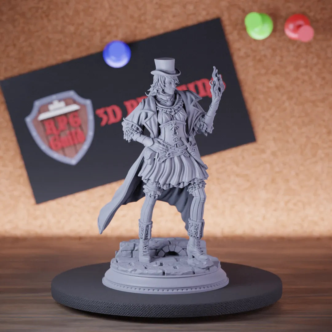 Highly detailed female sorcer steampunk spellcaster miniature of Umbra, perfect for DnD 5e encounters, fantasy tabletop RPG campaigns, painting and display.