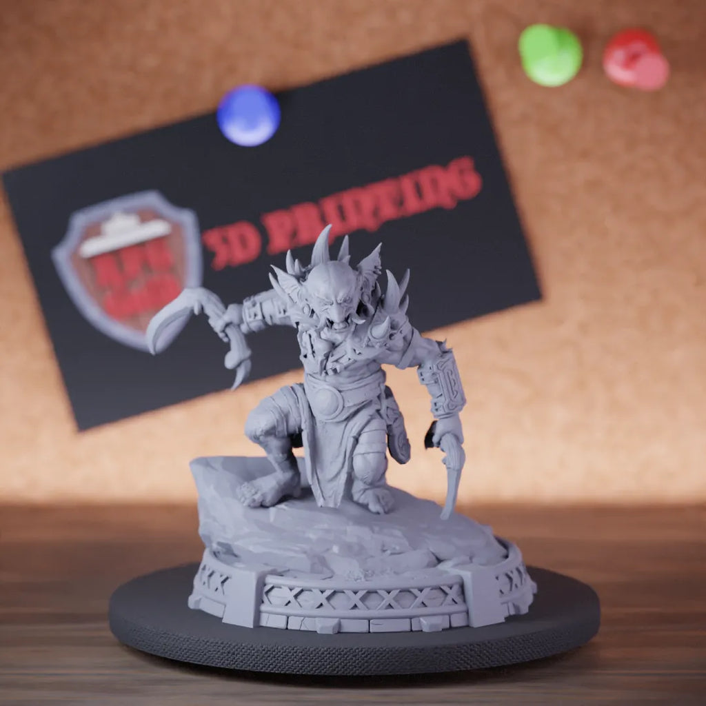 Highly detailed barbarian goblin warrior miniature of Varka, perfect for DnD 5e encounters, fantasy tabletop RPG campaigns, painting and display.