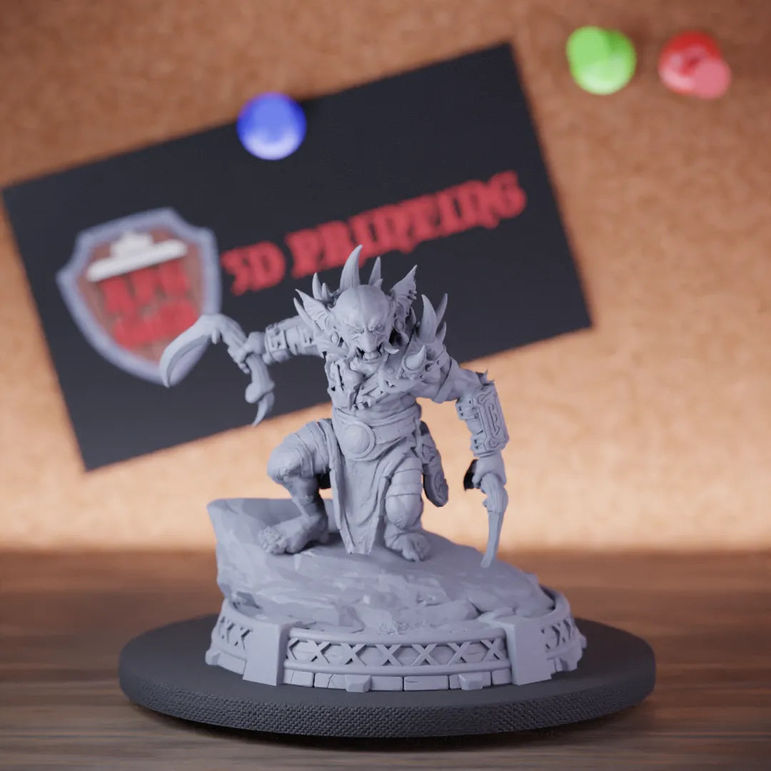 Highly detailed barbarian goblin warrior miniature of Varka, perfect for DnD 5e encounters, fantasy tabletop RPG campaigns, painting and display.