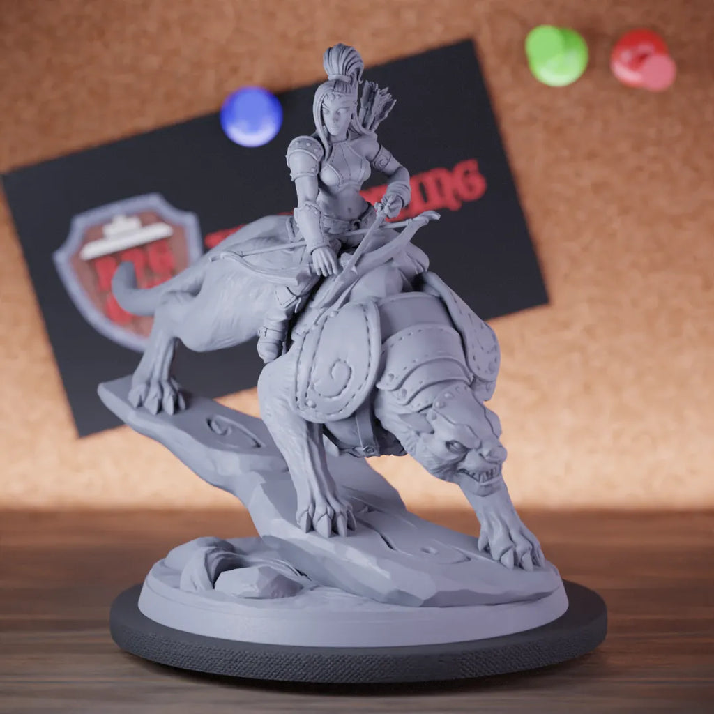 Highly detailed female archer rider cavalry panther miniature of Veiled, perfect for DnD 5e encounters, fantasy tabletop RPG campaigns, painting and display.