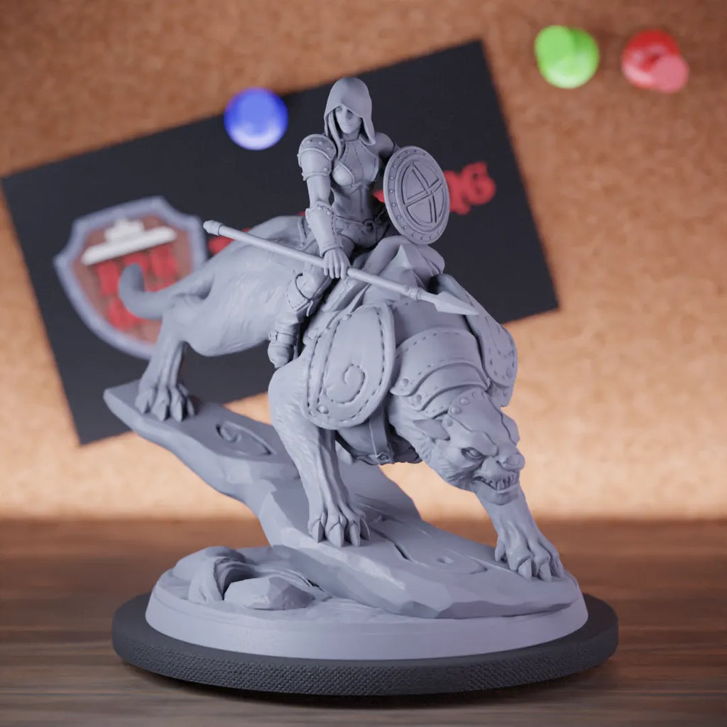 Highly detailed female rogue rider panther miniature of Veiled, perfect for DnD 5e encounters, fantasy tabletop RPG campaigns, painting and display.