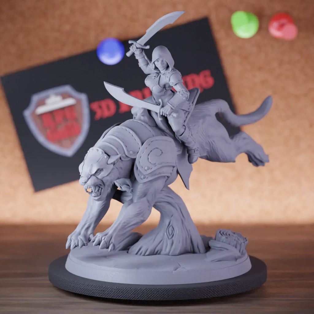Highly detailed female fighter rider sword cavalry panther miniature of Veiled, perfect for DnD 5e encounters, fantasy tabletop RPG campaigns, painting and display.