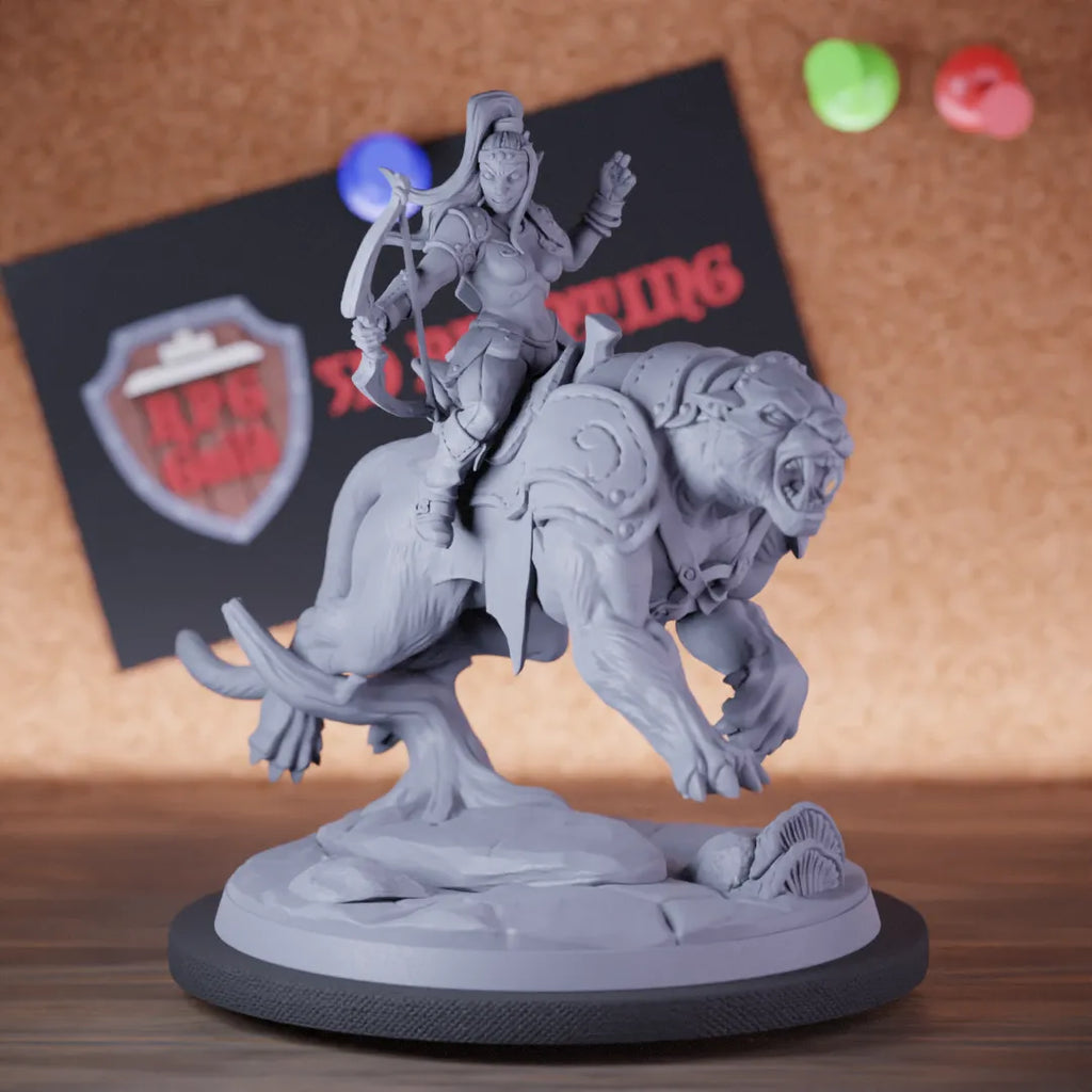 Highly detailed female archer warrior rider panther miniature of Veiled, perfect for DnD 5e encounters, fantasy tabletop RPG campaigns, painting and display.