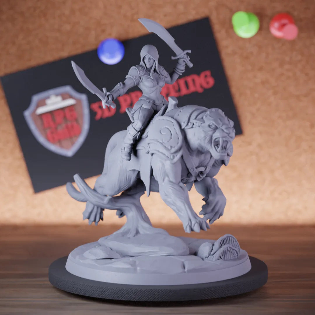 Highly detailed female fighter rider sword panther miniature of Veiled, perfect for DnD 5e encounters, fantasy tabletop RPG campaigns, painting and display.