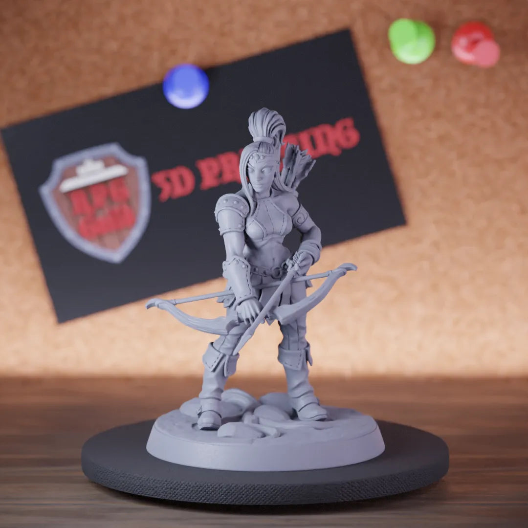 Highly detailed female fighter archer miniature of Veiled, perfect for DnD 5e encounters, fantasy tabletop RPG campaigns, painting and display.