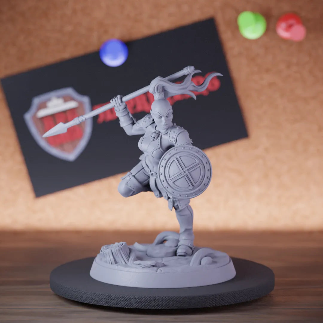 Highly detailed female fighter shieldmaiden miniature of Veiled, perfect for DnD 5e encounters, fantasy tabletop RPG campaigns, painting and display.