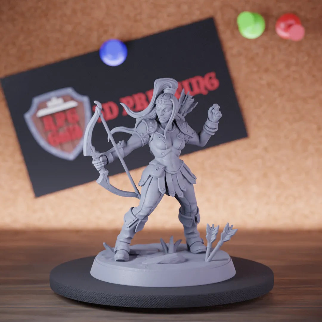 Highly detailed female rogue warrior archer forrest miniature of Veiled, perfect for DnD 5e encounters, fantasy tabletop RPG campaigns, painting and display.