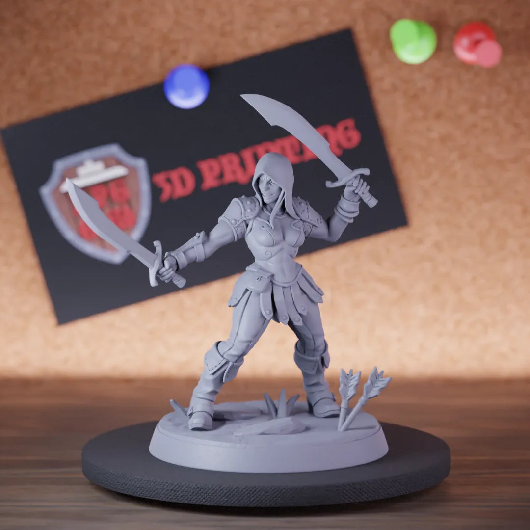Highly detailed female fighter rogue swords miniature of Veiled, perfect for DnD 5e encounters, fantasy tabletop RPG campaigns, painting and display.