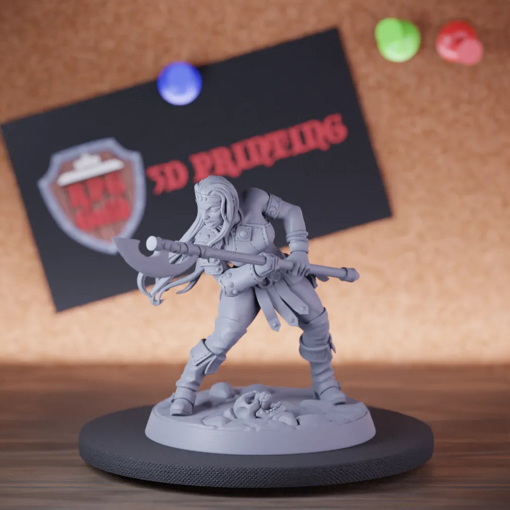 Highly detailed female fighter warrior soldier miniature of Veiled, perfect for DnD 5e encounters, fantasy tabletop RPG campaigns, painting and display.