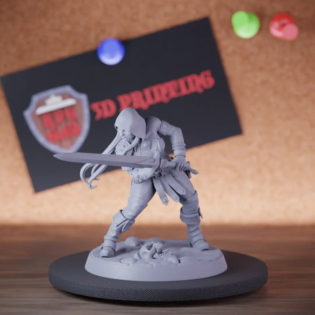 Highly detailed female rogue warrior sword miniature of Veiled, perfect for DnD 5e encounters, fantasy tabletop RPG campaigns, painting and display.