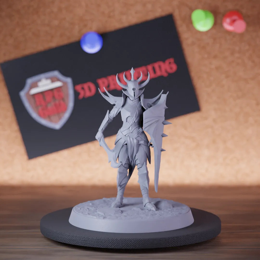 Highly detailed drow infantry shield sword blocking miniature of Velatrix, perfect for DnD 5e encounters, fantasy tabletop RPG campaigns, painting and display.