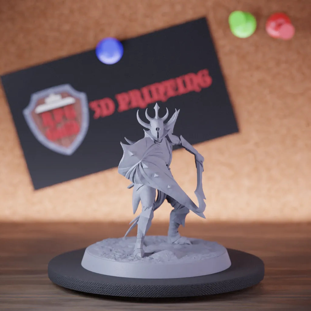 Highly detailed drow infantry scimitar shield miniature of Velatrix, perfect for DnD 5e encounters, fantasy tabletop RPG campaigns, painting and display.