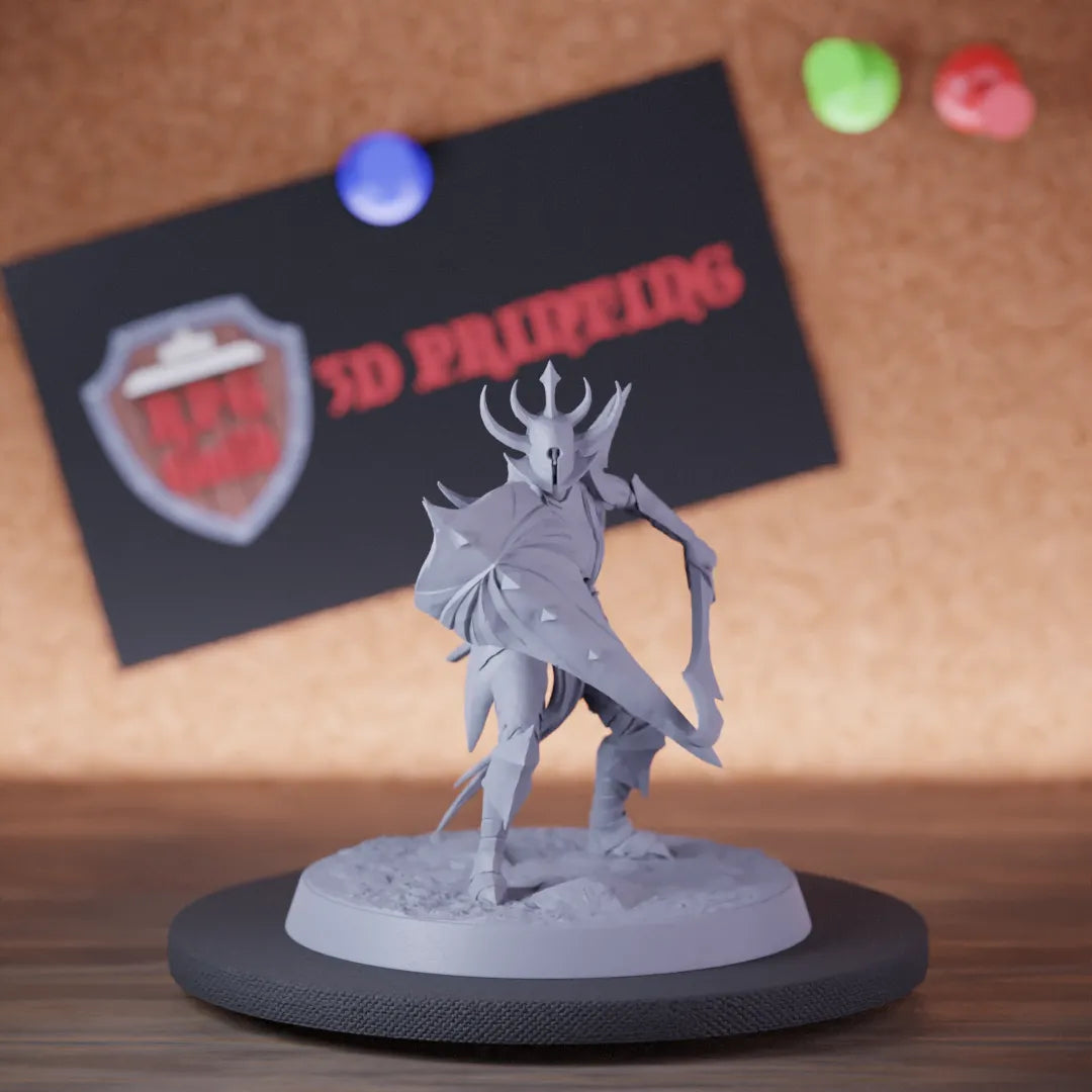 Highly detailed drow infantry scimitar shield miniature of Velatrix, perfect for DnD 5e encounters, fantasy tabletop RPG campaigns, painting and display.
