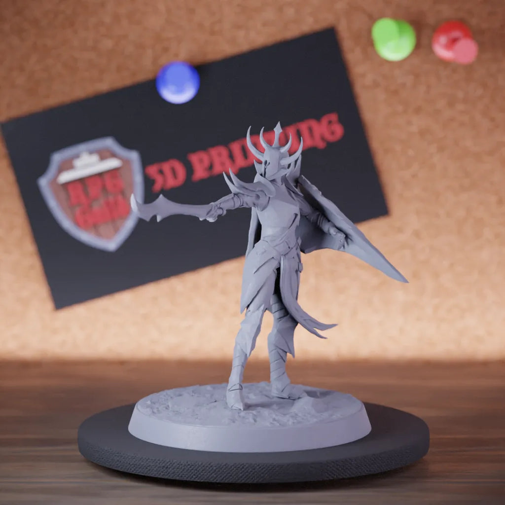 Highly detailed drow infantry shield spiked sword miniature of Velatrix, perfect for DnD 5e encounters, fantasy tabletop RPG campaigns, painting and display.