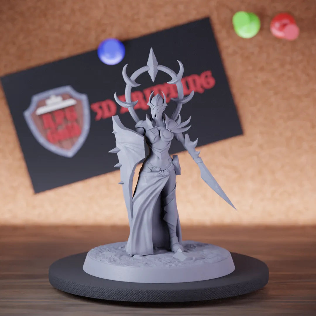 Highly detailed drow infantry claw shield miniature of Velatrix, perfect for DnD 5e encounters, fantasy tabletop RPG campaigns, painting and display.
